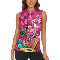 Hawaiian Flamingo Hibiscus Personalised Women Sleeveless Polo Shirt Pink Summer Tropical Flowers - Polynesian Pride