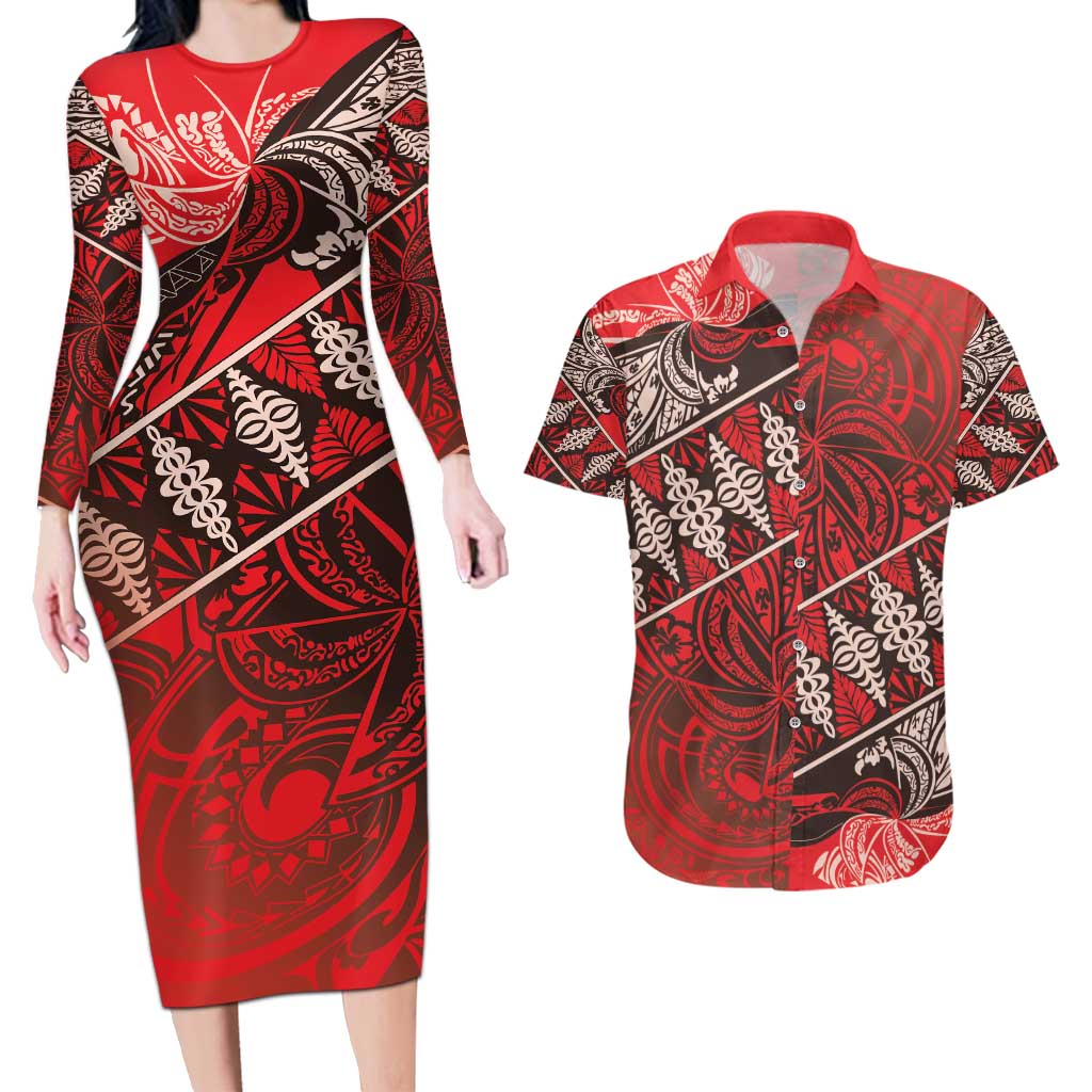 Vintage Ngatu Tribal Tonga Pattern Couples Matching Long Sleeve Bodycon Dress and Hawaiian Shirt LT9 Red - Polynesian Pride