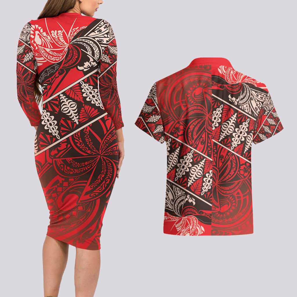 Vintage Ngatu Tribal Tonga Pattern Couples Matching Long Sleeve Bodycon Dress and Hawaiian Shirt LT9 - Polynesian Pride