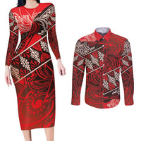 Vintage Ngatu Tribal Tonga Pattern Couples Matching Long Sleeve Bodycon Dress and Long Sleeve Button Shirt LT9 Red - Polynesian Pride