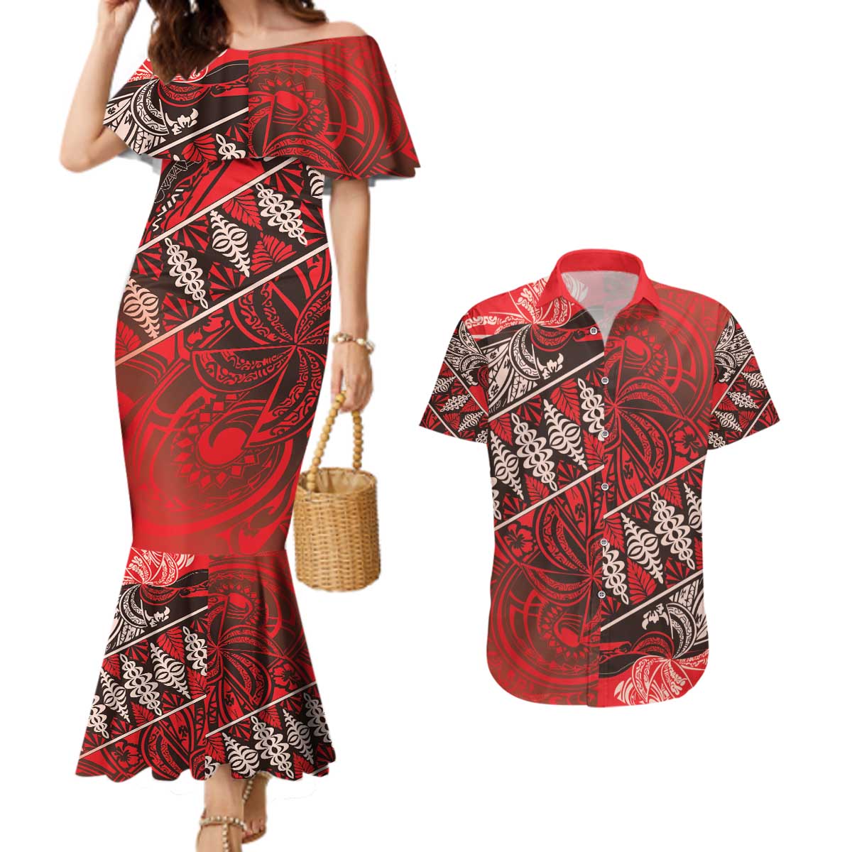 Vintage Ngatu Tribal Tonga Pattern Couples Matching Mermaid Dress and Hawaiian Shirt LT9 Red - Polynesian Pride