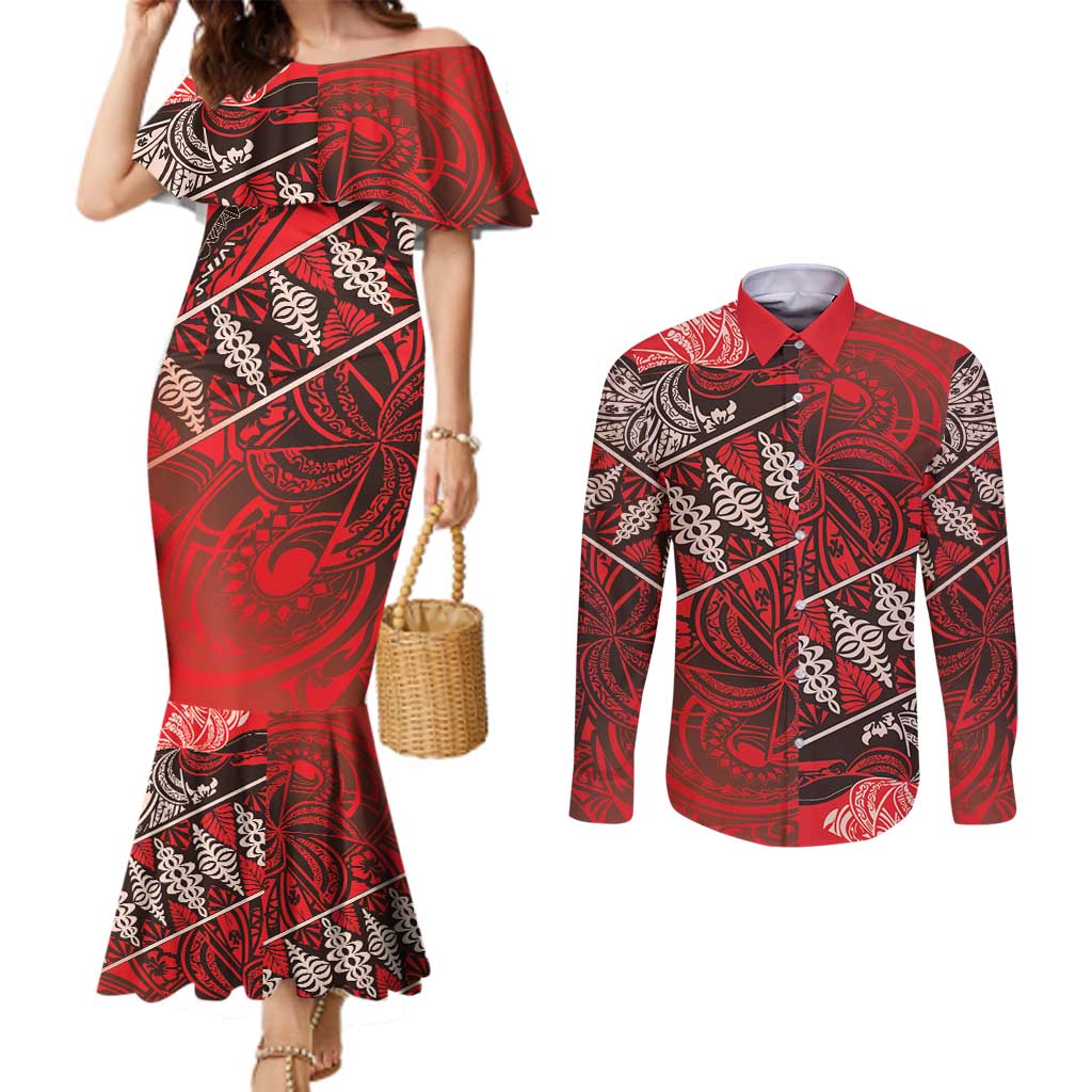 Vintage Ngatu Tribal Tonga Pattern Couples Matching Mermaid Dress and Long Sleeve Button Shirt LT9 Red - Polynesian Pride