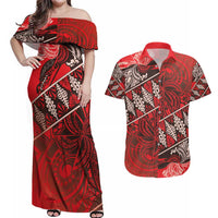 Vintage Ngatu Tribal Tonga Pattern Couples Matching Off Shoulder Maxi Dress and Hawaiian Shirt LT9 Red - Polynesian Pride