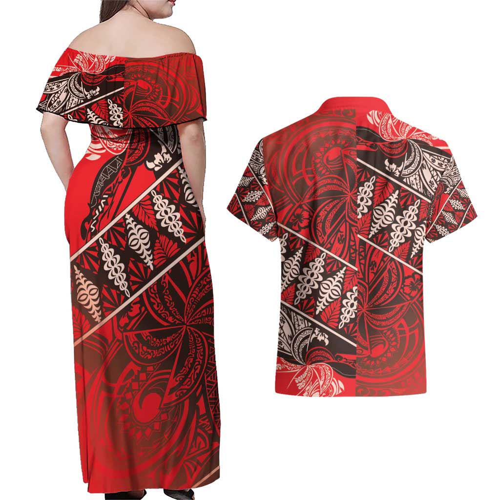 Vintage Ngatu Tribal Tonga Pattern Couples Matching Off Shoulder Maxi Dress and Hawaiian Shirt LT9 - Polynesian Pride