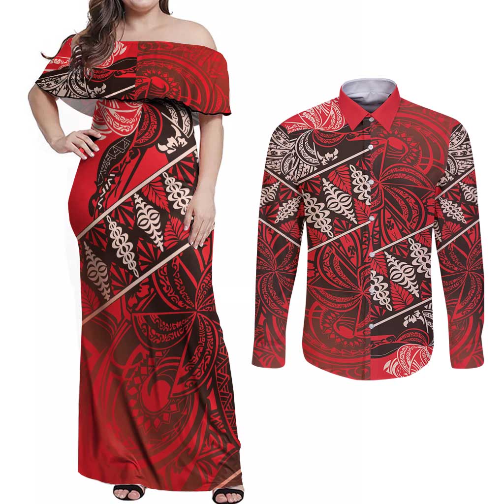 Vintage Ngatu Tribal Tonga Pattern Couples Matching Off Shoulder Maxi Dress and Long Sleeve Button Shirt LT9 Red - Polynesian Pride