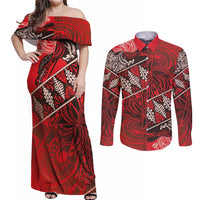 Vintage Ngatu Tribal Tonga Pattern Couples Matching Off Shoulder Maxi Dress and Long Sleeve Button Shirt LT9 Red - Polynesian Pride