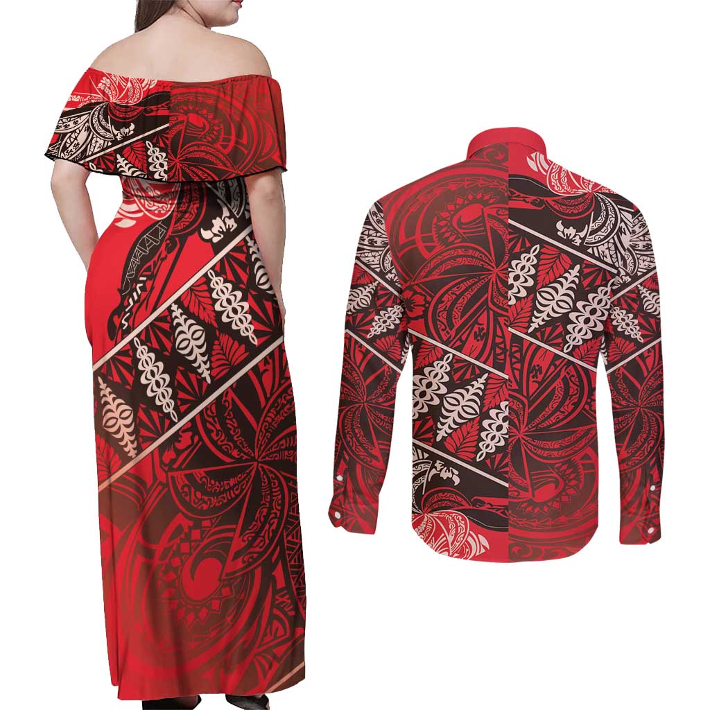 Vintage Ngatu Tribal Tonga Pattern Couples Matching Off Shoulder Maxi Dress and Long Sleeve Button Shirt LT9 - Polynesian Pride