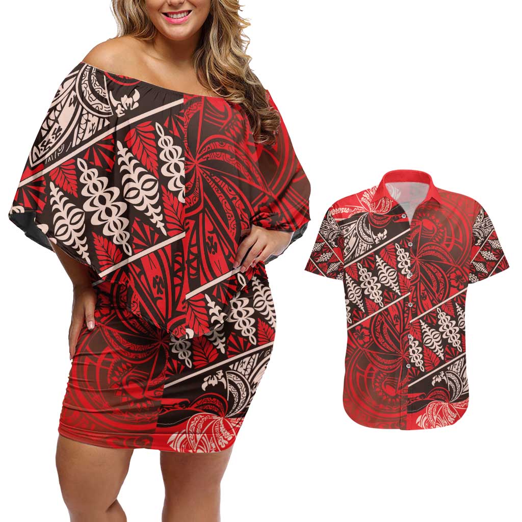 Vintage Ngatu Tribal Tonga Pattern Couples Matching Off Shoulder Short Dress and Hawaiian Shirt LT9 Red - Polynesian Pride