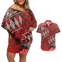 Vintage Ngatu Tribal Tonga Pattern Couples Matching Off Shoulder Short Dress and Hawaiian Shirt LT9 Red - Polynesian Pride