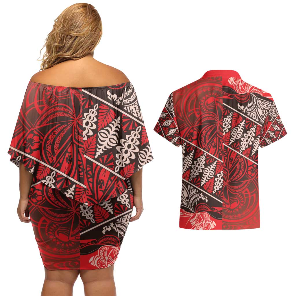 Vintage Ngatu Tribal Tonga Pattern Couples Matching Off Shoulder Short Dress and Hawaiian Shirt LT9 - Polynesian Pride