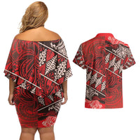 Vintage Ngatu Tribal Tonga Pattern Couples Matching Off Shoulder Short Dress and Hawaiian Shirt LT9 - Polynesian Pride