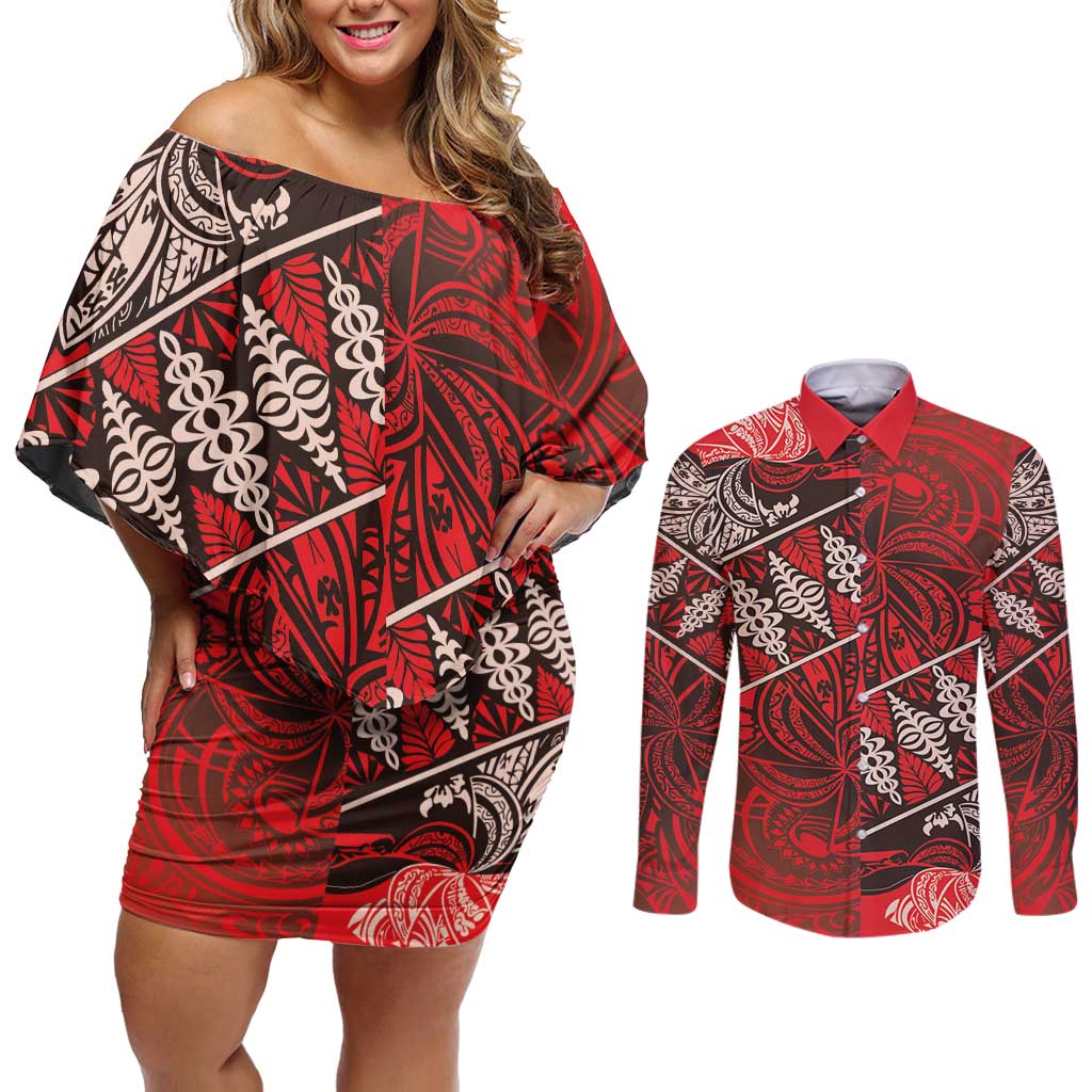 Vintage Ngatu Tribal Tonga Pattern Couples Matching Off Shoulder Short Dress and Long Sleeve Button Shirt LT9 Red - Polynesian Pride