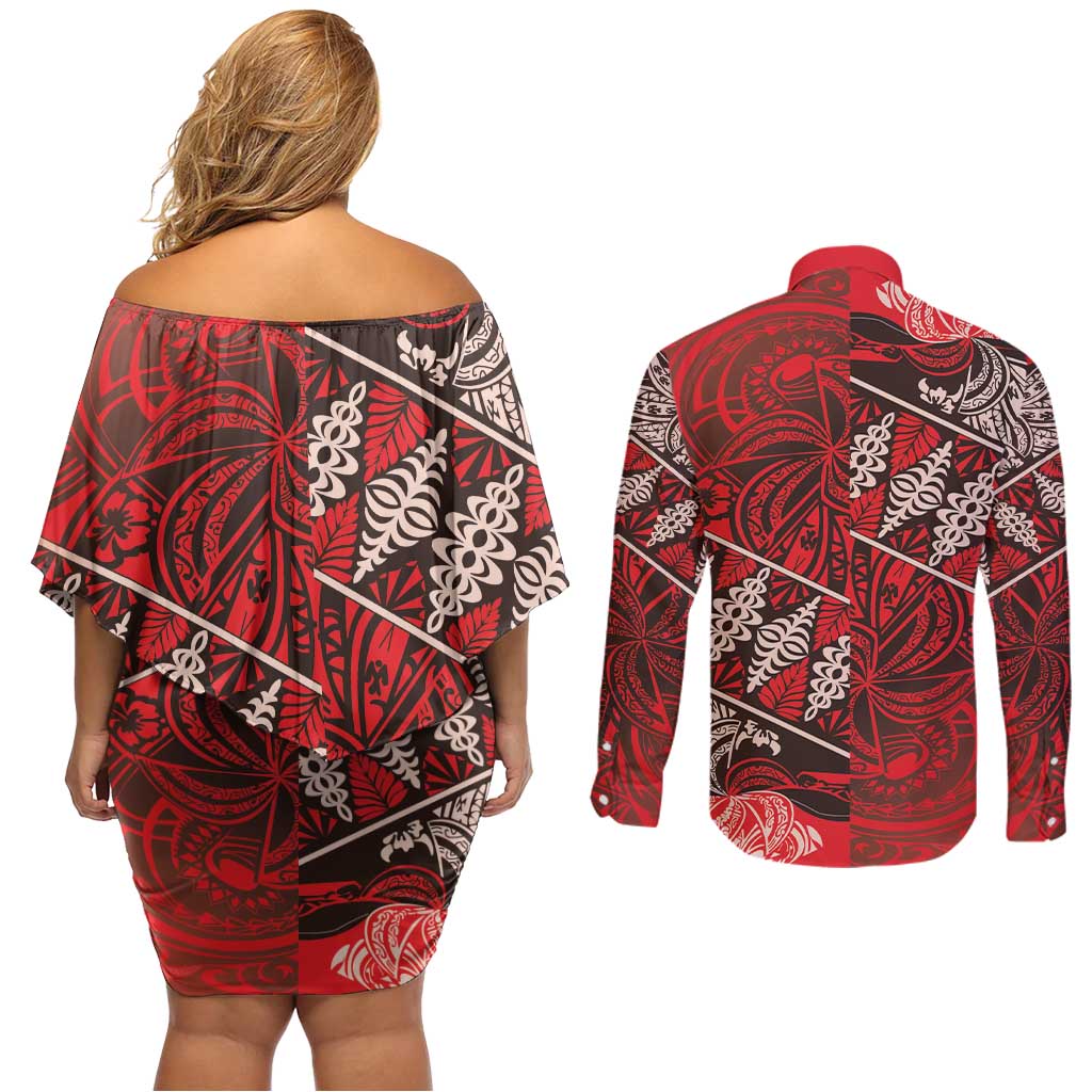 Vintage Ngatu Tribal Tonga Pattern Couples Matching Off Shoulder Short Dress and Long Sleeve Button Shirt LT9 - Polynesian Pride