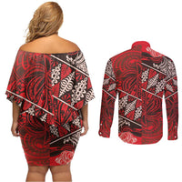Vintage Ngatu Tribal Tonga Pattern Couples Matching Off Shoulder Short Dress and Long Sleeve Button Shirt LT9 - Polynesian Pride