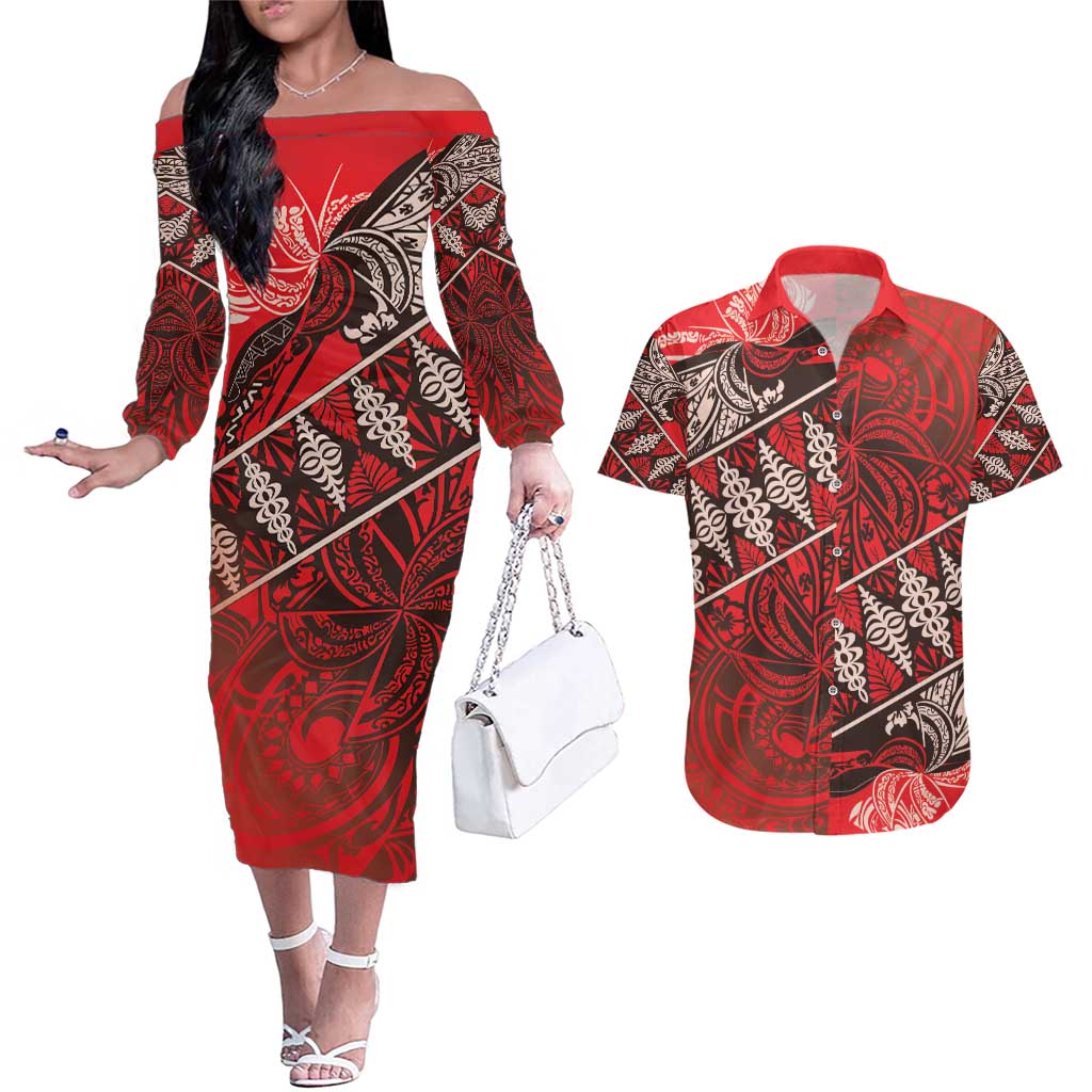 Vintage Ngatu Tribal Tonga Pattern Couples Matching Off The Shoulder Long Sleeve Dress and Hawaiian Shirt LT9 Red - Polynesian Pride