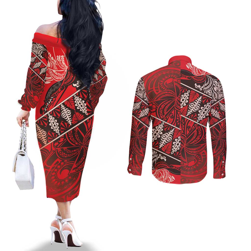 Vintage Ngatu Tribal Tonga Pattern Couples Matching Off The Shoulder Long Sleeve Dress and Long Sleeve Button Shirt LT9 - Polynesian Pride