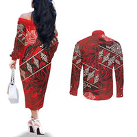 Vintage Ngatu Tribal Tonga Pattern Couples Matching Off The Shoulder Long Sleeve Dress and Long Sleeve Button Shirt LT9 - Polynesian Pride
