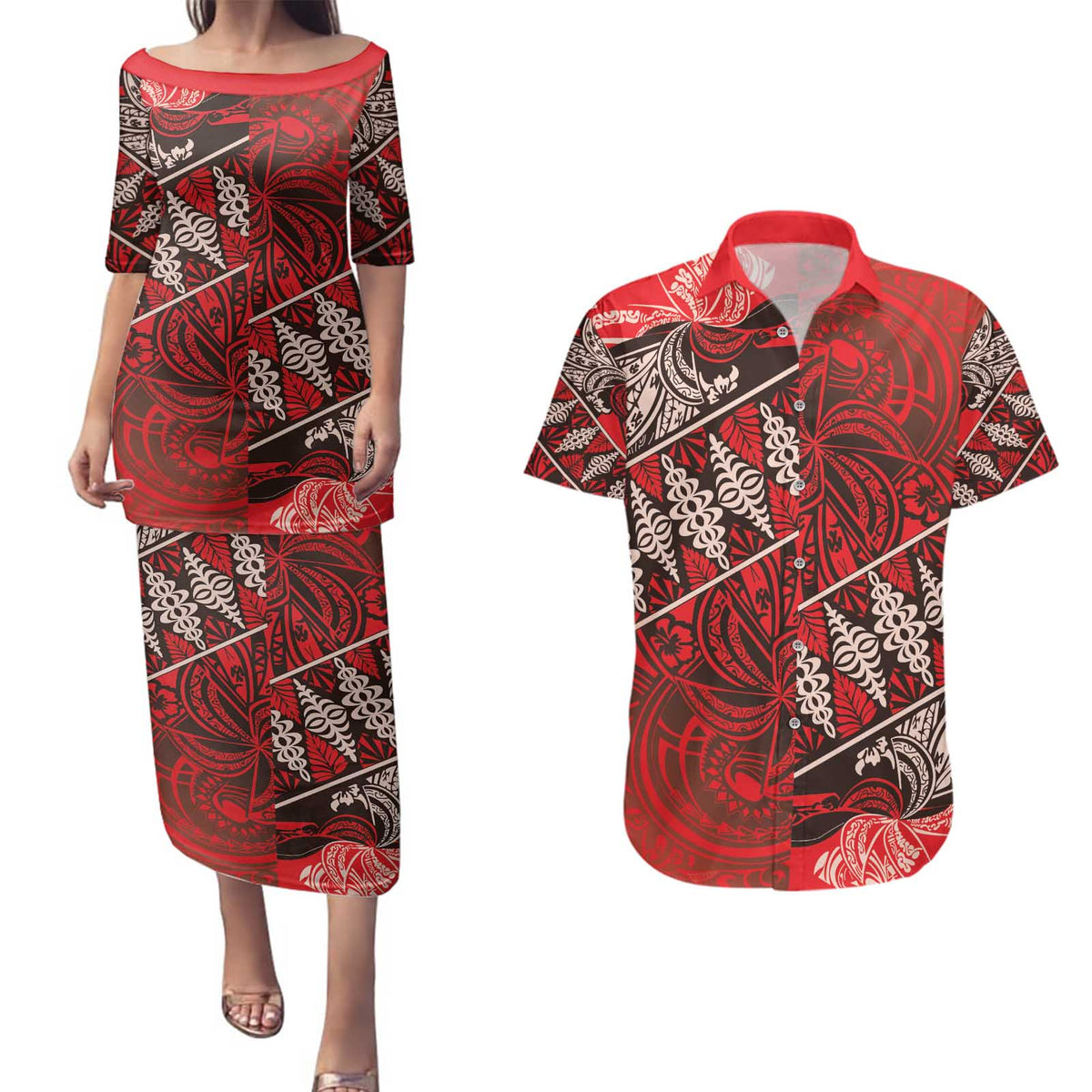 Vintage Ngatu Tribal Tonga Pattern Couples Matching Puletasi and Hawaiian Shirt LT9 Red - Polynesian Pride