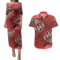 Vintage Ngatu Tribal Tonga Pattern Couples Matching Puletasi and Hawaiian Shirt LT9 Red - Polynesian Pride