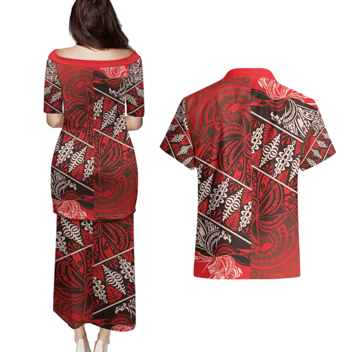 Vintage Ngatu Tribal Tonga Pattern Couples Matching Puletasi and Hawaiian Shirt LT9 - Polynesian Pride