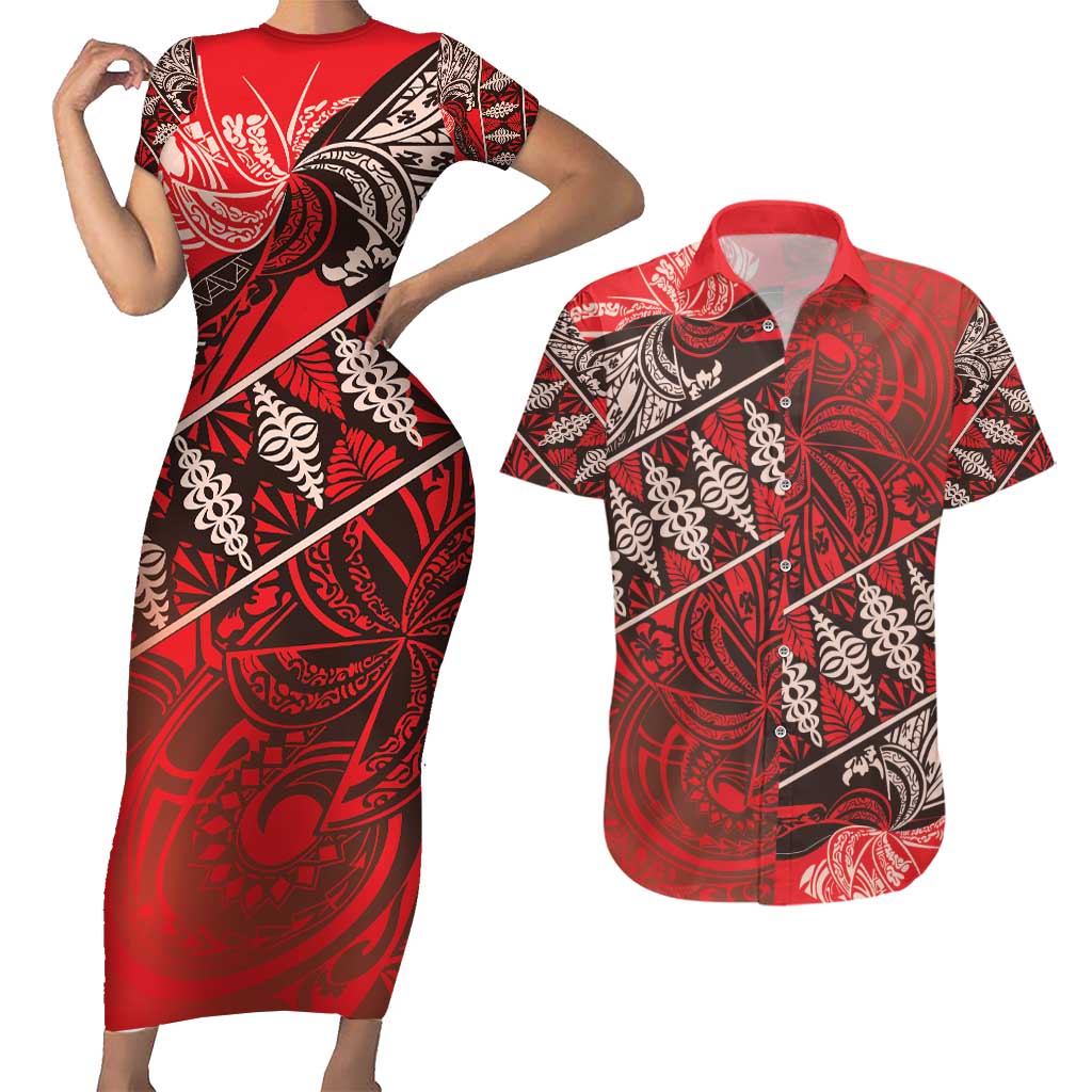 Vintage Ngatu Tribal Tonga Pattern Couples Matching Short Sleeve Bodycon Dress and Hawaiian Shirt LT9 Red - Polynesian Pride