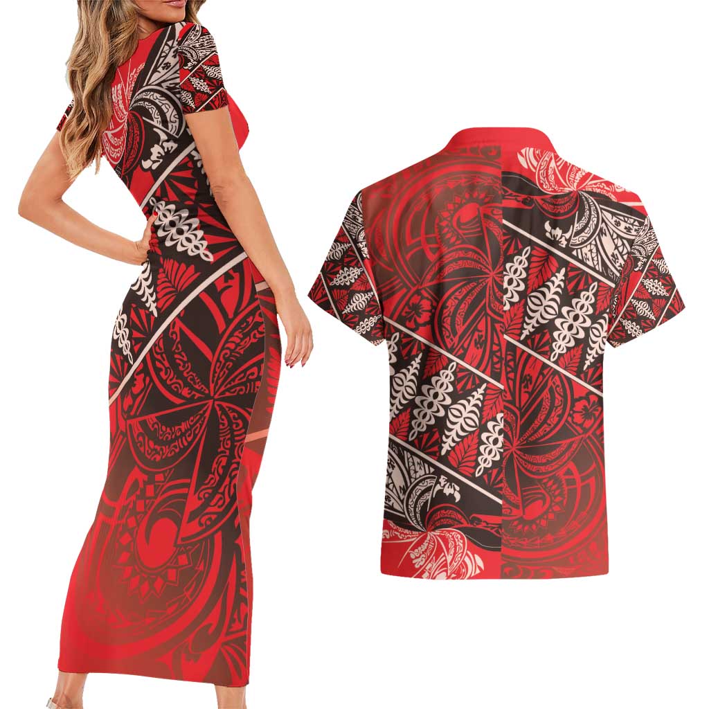 Vintage Ngatu Tribal Tonga Pattern Couples Matching Short Sleeve Bodycon Dress and Hawaiian Shirt LT9 - Polynesian Pride