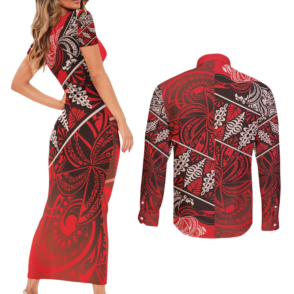Vintage Ngatu Tribal Tonga Pattern Couples Matching Short Sleeve Bodycon Dress and Long Sleeve Button Shirt LT9 - Polynesian Pride