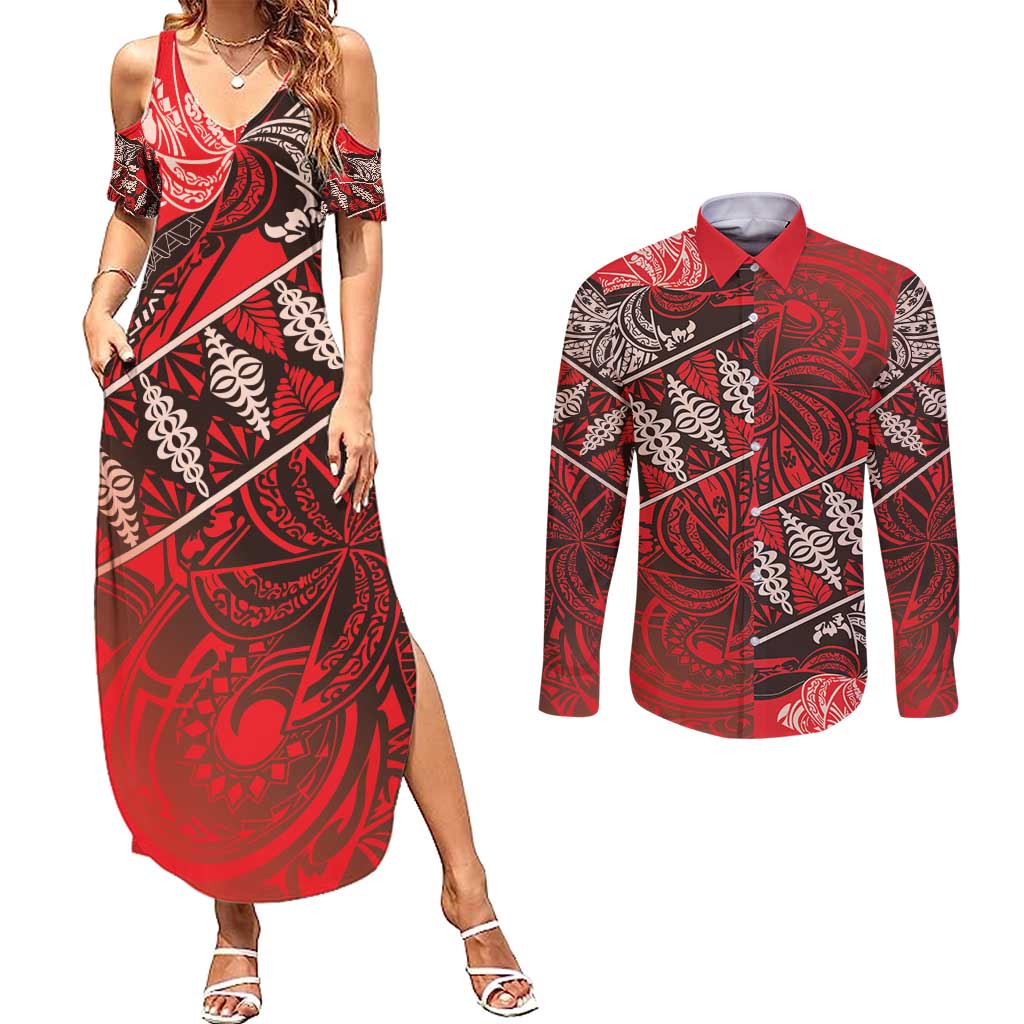 Vintage Ngatu Tribal Tonga Pattern Couples Matching Summer Maxi Dress and Long Sleeve Button Shirt LT9 Red - Polynesian Pride