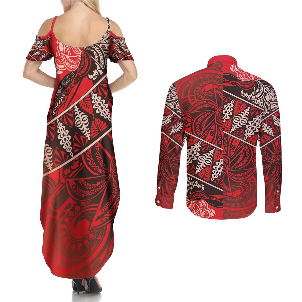 Vintage Ngatu Tribal Tonga Pattern Couples Matching Summer Maxi Dress and Long Sleeve Button Shirt LT9 - Polynesian Pride