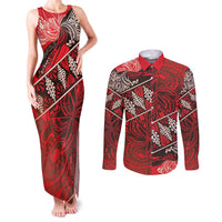 Vintage Ngatu Tribal Tonga Pattern Couples Matching Tank Maxi Dress and Long Sleeve Button Shirt LT9 Red - Polynesian Pride