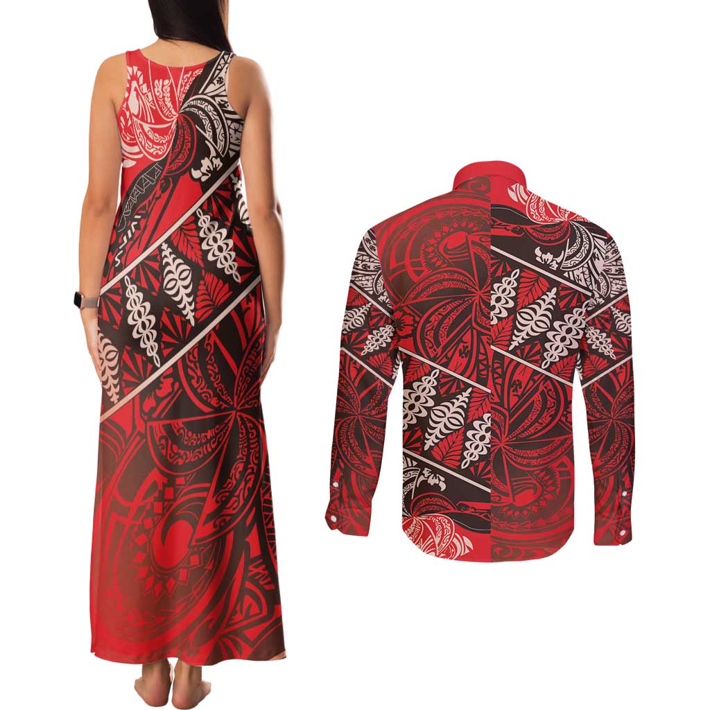 Vintage Ngatu Tribal Tonga Pattern Couples Matching Tank Maxi Dress and Long Sleeve Button Shirt LT9 - Polynesian Pride