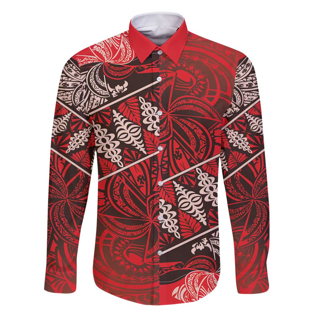 Vintage Ngatu Tribal Tonga Pattern Family Matching Long Sleeve Bodycon Dress and Hawaiian Shirt LT9 Dad's Shirt - Long Sleeve Red - Polynesian Pride