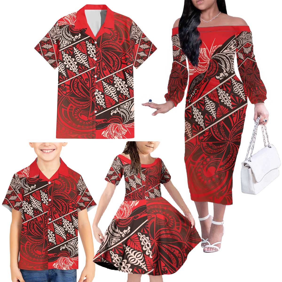Vintage Ngatu Tribal Tonga Pattern Family Matching Off The Shoulder Long Sleeve Dress and Hawaiian Shirt LT9 - Polynesian Pride