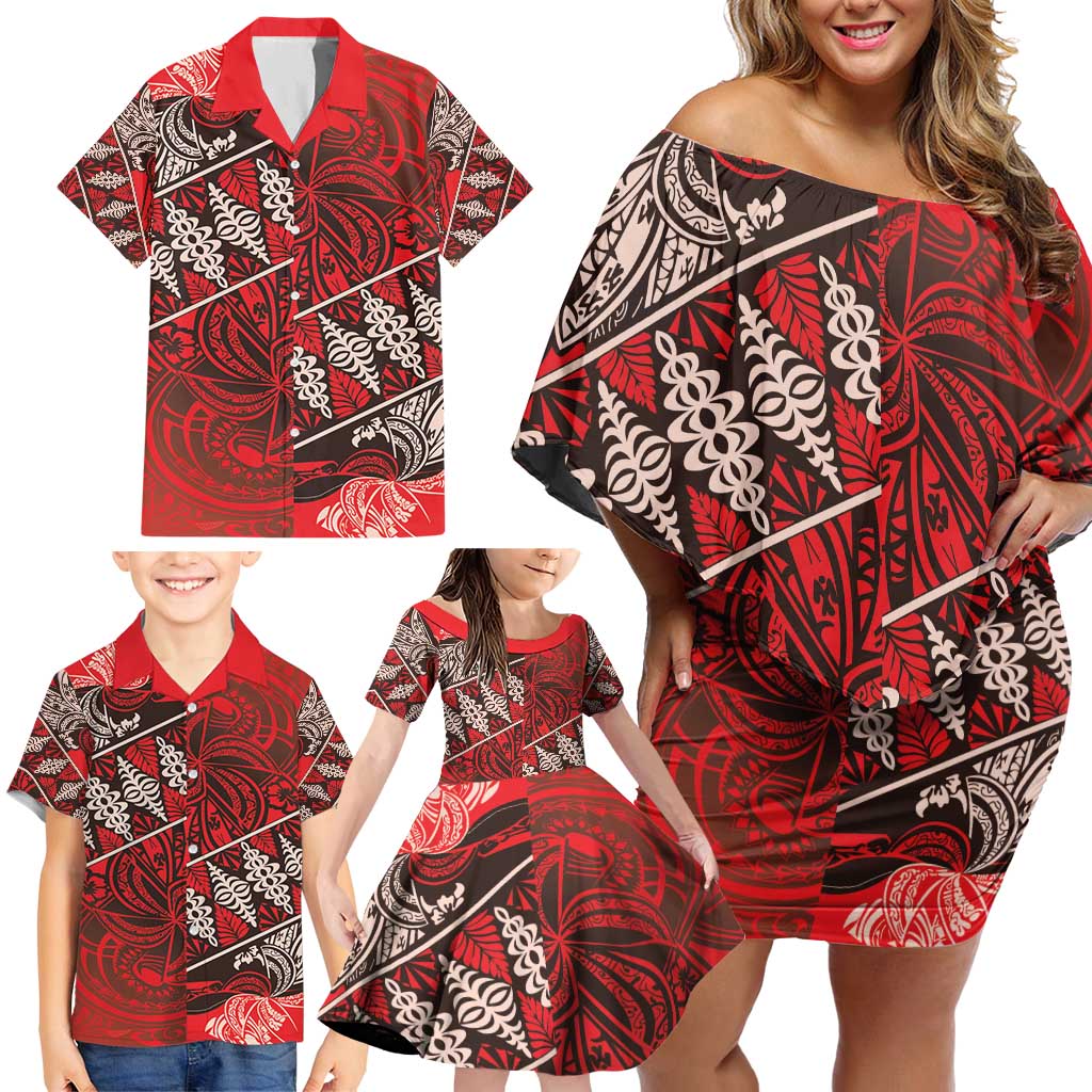 Vintage Ngatu Tribal Tonga Pattern Family Matching Off Shoulder Short Dress and Hawaiian Shirt - Polynesian Pride