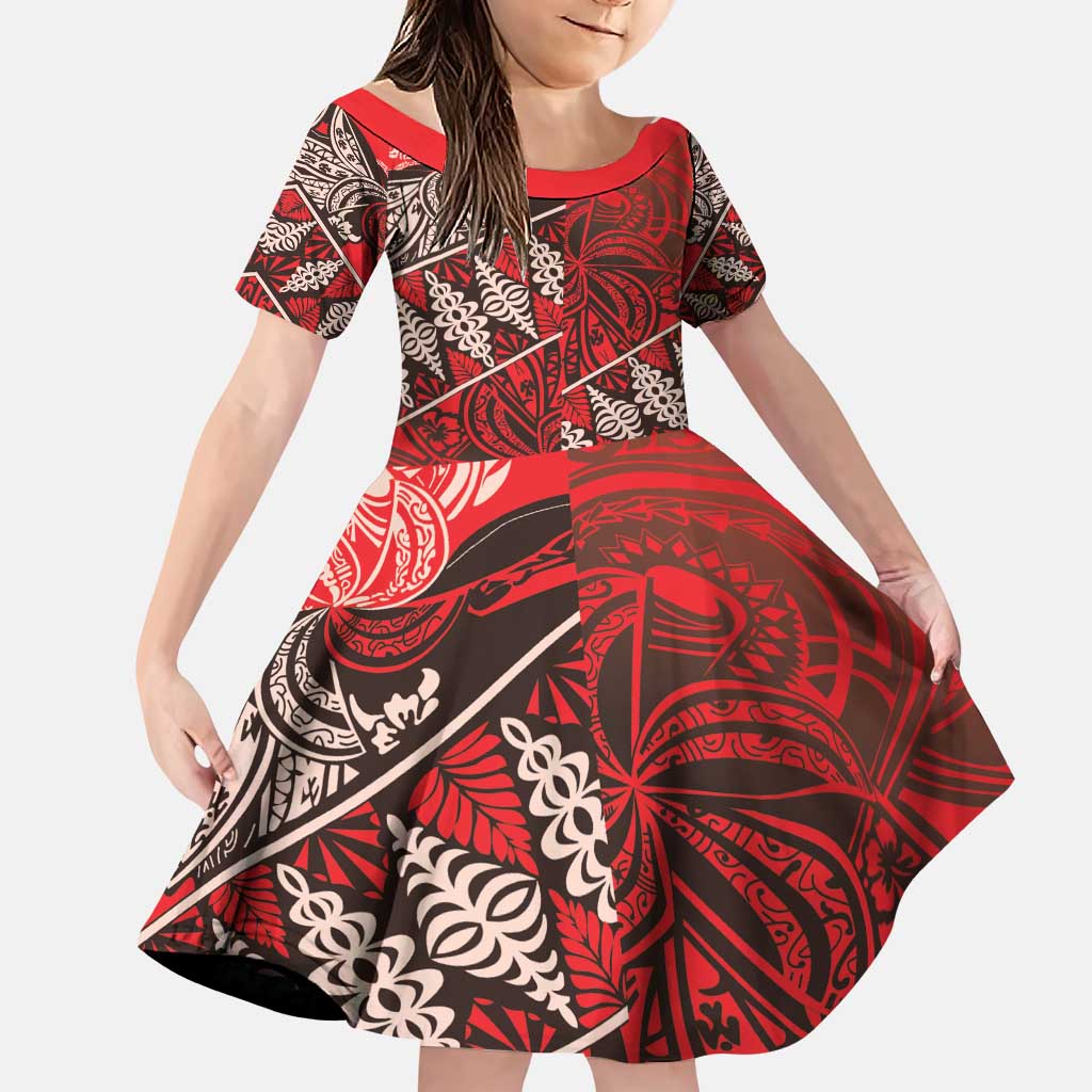 Vintage Ngatu Tribal Tonga Pattern Family Matching Puletasi and Hawaiian Shirt LT9 Daughter's Dress Red - Polynesian Pride