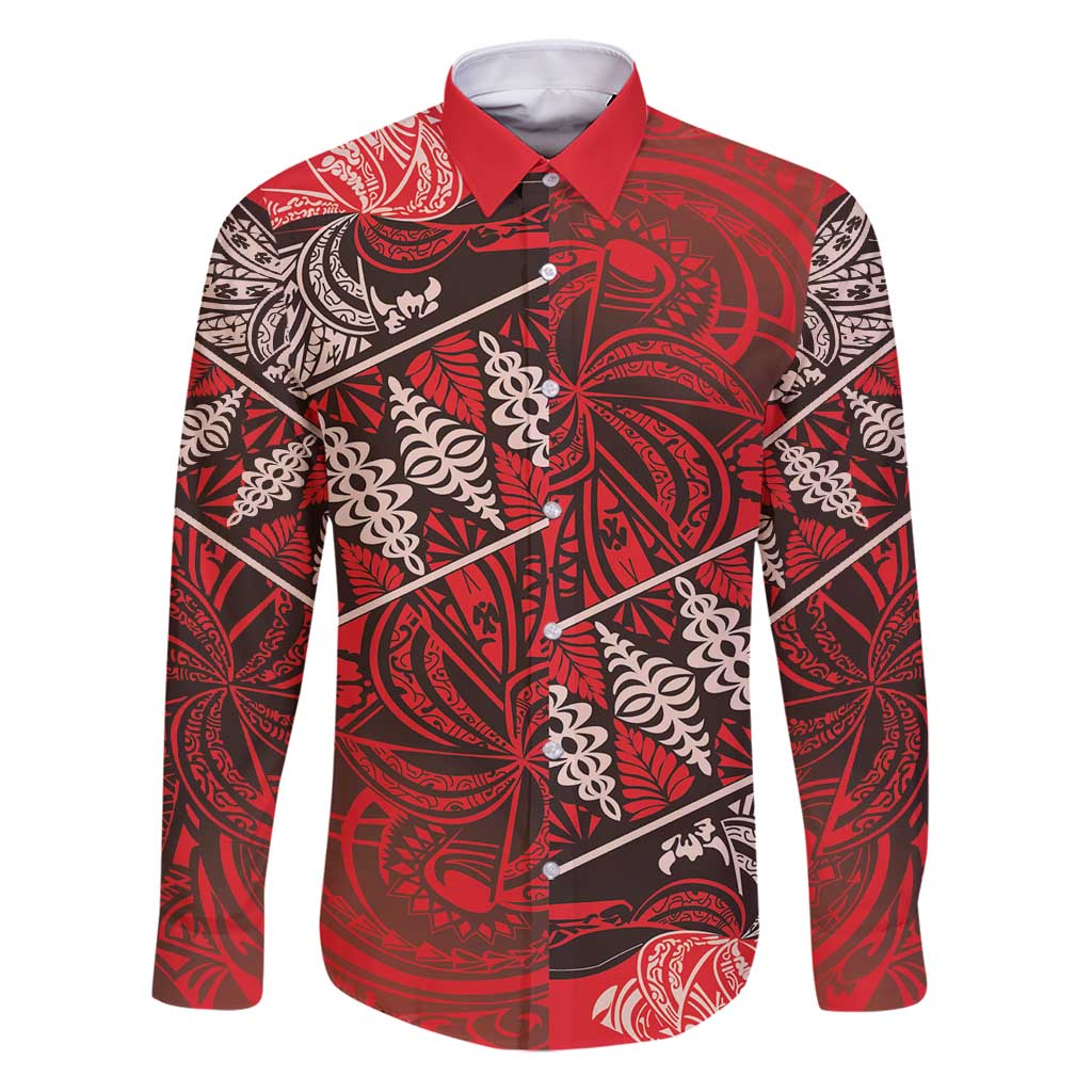 Vintage Ngatu Tribal Tonga Pattern Family Matching Puletasi and Hawaiian Shirt LT9 Dad's Shirt - Long Sleeve Red - Polynesian Pride