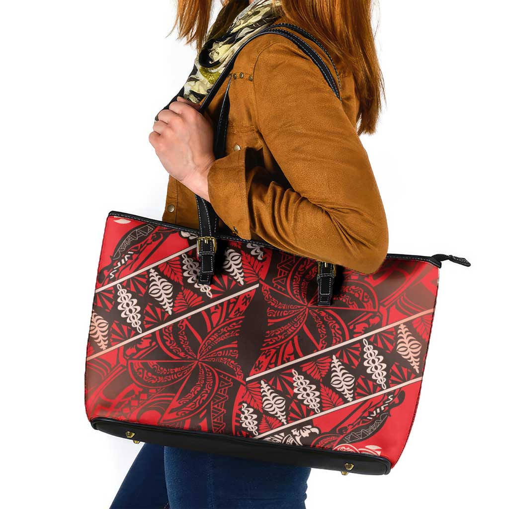Vintage Ngatu Tribal Tonga Pattern Leather Tote Bag LT9 Red - Polynesian Pride