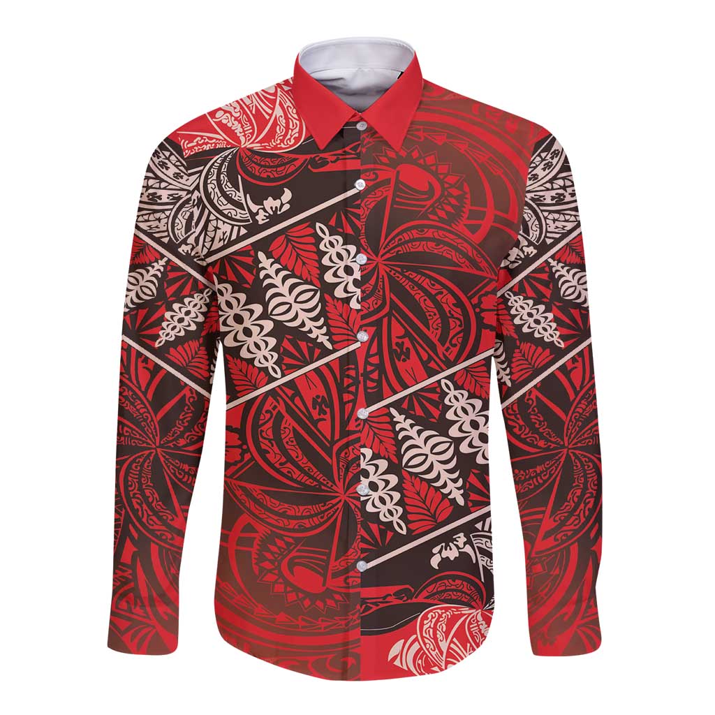 Vintage Ngatu Tribal Tonga Pattern Long Sleeve Button Shirt LT9 Unisex Red - Polynesian Pride