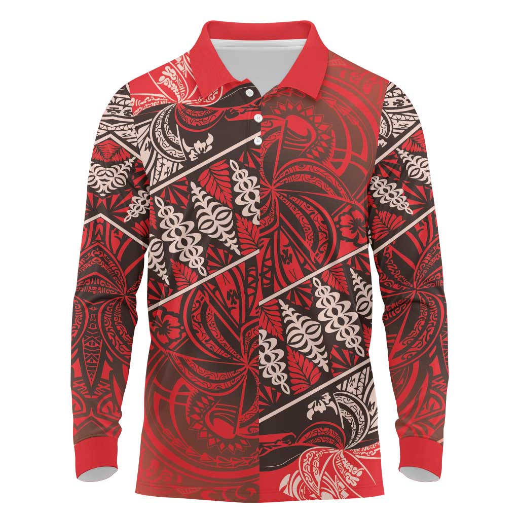 Vintage Ngatu Tribal Tonga Pattern Long Sleeve Polo Shirt LT9 Red - Polynesian Pride