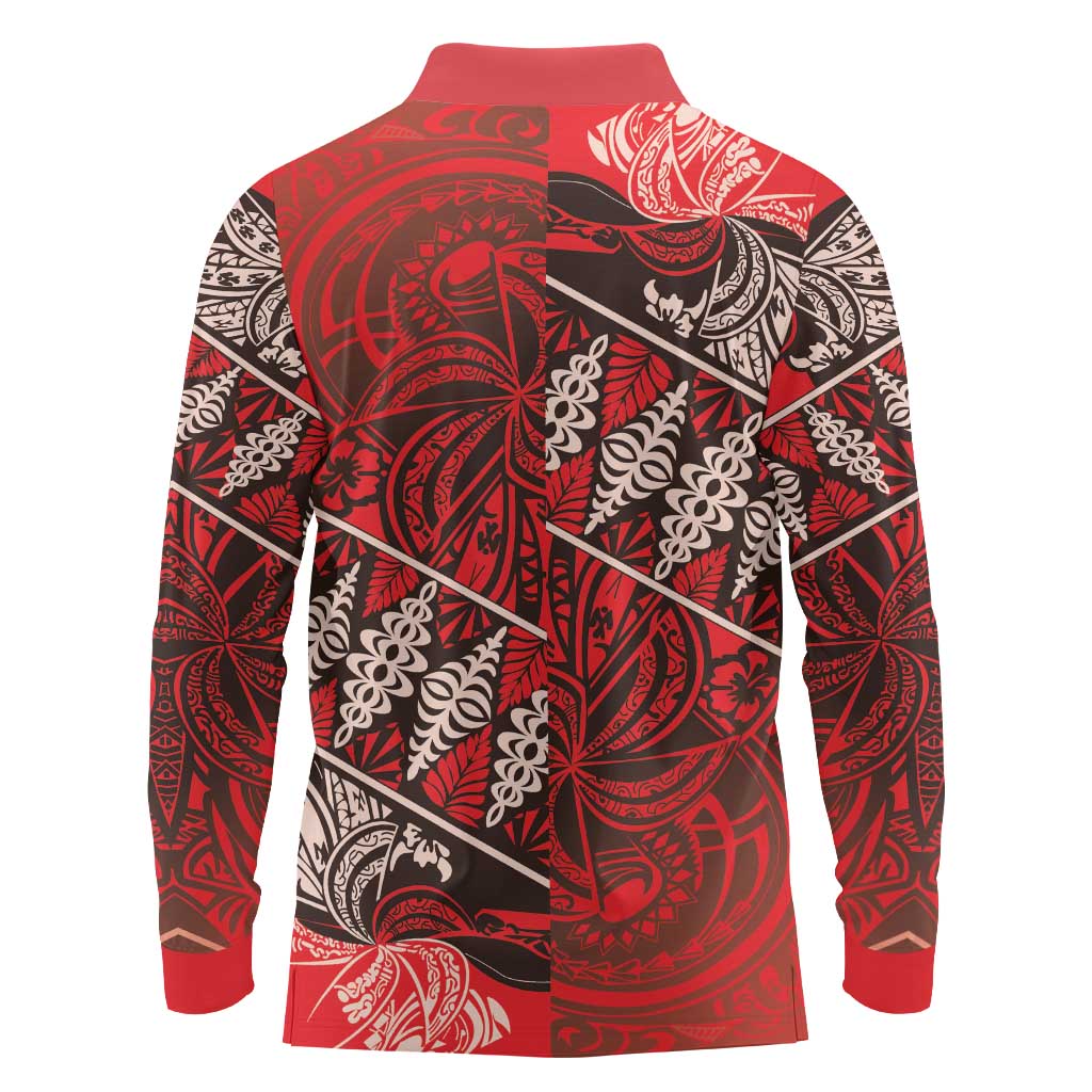 Vintage Ngatu Tribal Tonga Pattern Long Sleeve Polo Shirt LT9 - Polynesian Pride