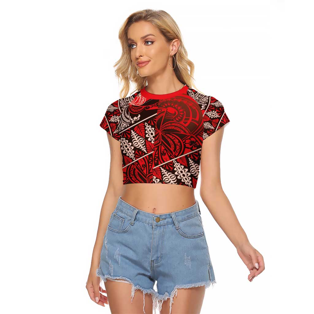 Vintage Ngatu Tribal Tonga Pattern Raglan Cropped T Shirt LT9 Female Red - Polynesian Pride