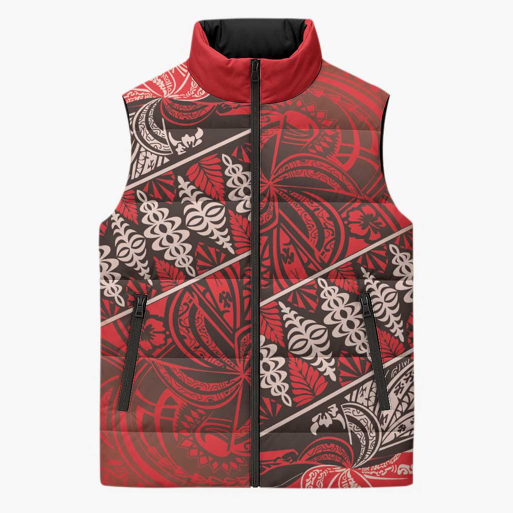 Vintage Ngatu Tribal Tonga Pattern Sleeveless Puffer Jacket LT9 Red - Polynesian Pride
