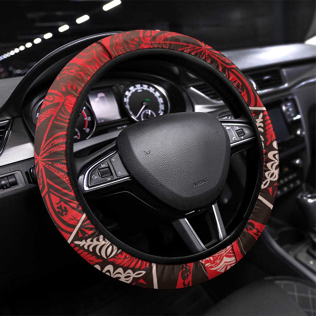 Vintage Ngatu Tribal Tonga Pattern Steering Wheel Cover LT9 Universal Fit Red - Polynesian Pride