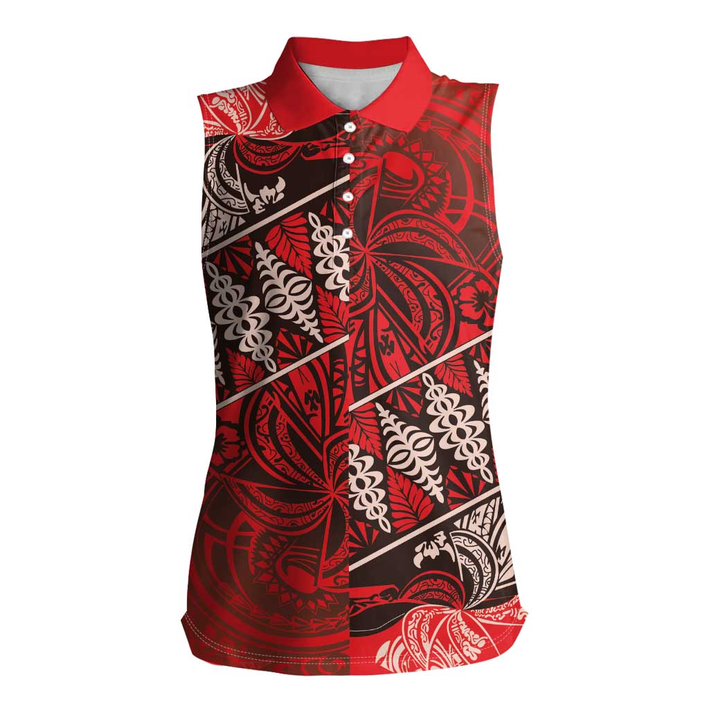 Vintage Ngatu Tribal Tonga Pattern Women Sleeveless Polo Shirt LT9 Female Red - Polynesian Pride