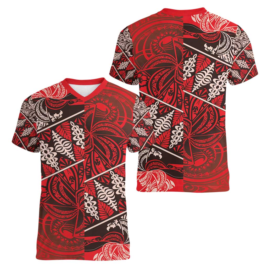 Vintage Ngatu Tribal Tonga Pattern Women V-Neck T-Shirt LT9 - Polynesian Pride