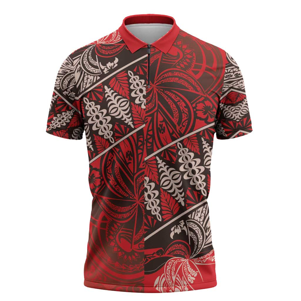 Vintage Ngatu Tribal Tonga Pattern Zipper Polo Shirt LT9 Red - Polynesian Pride