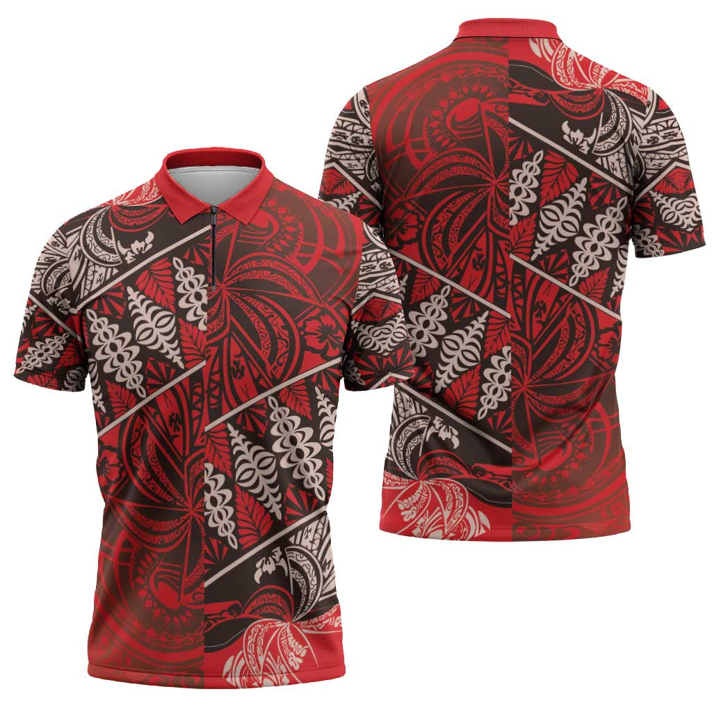 Vintage Ngatu Tribal Tonga Pattern Zipper Polo Shirt LT9 - Polynesian Pride