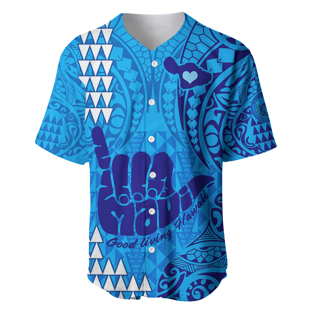 Strong Maui Baseball Jersey Good Living Hawaii with Shaka Sign Kakau Tribal Blue LT9 Blue - Polynesian Pride