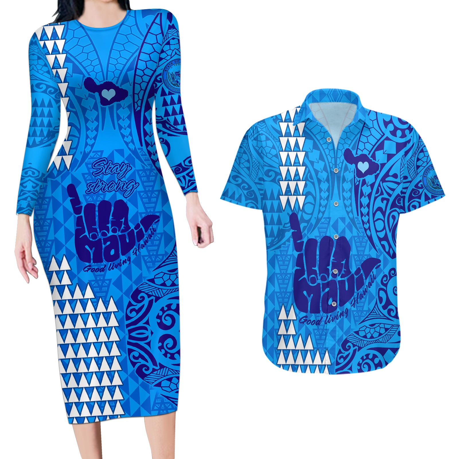 Strong Maui Couples Matching Long Sleeve Bodycon Dress and Hawaiian Shirt Good Living Hawaii with Shaka Sign Kakau Tribal Blue LT9 Blue - Polynesian Pride