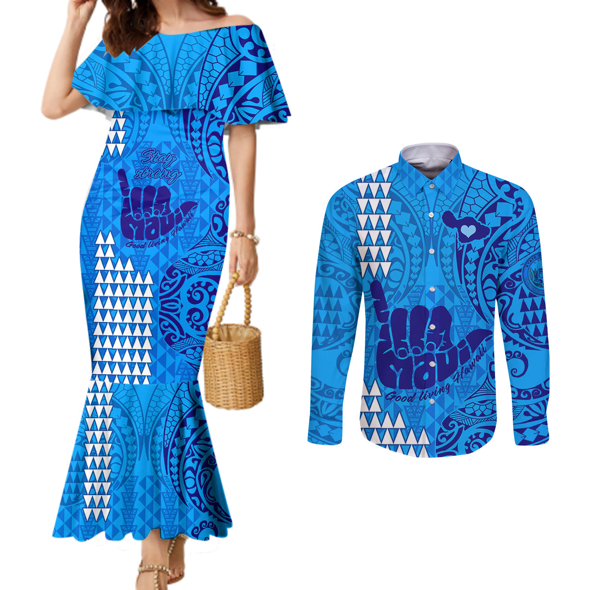 Strong Maui Couples Matching Mermaid Dress and Long Sleeve Button Shirts Good Living Hawaii with Shaka Sign Kakau Tribal Blue LT9 Blue - Polynesian Pride